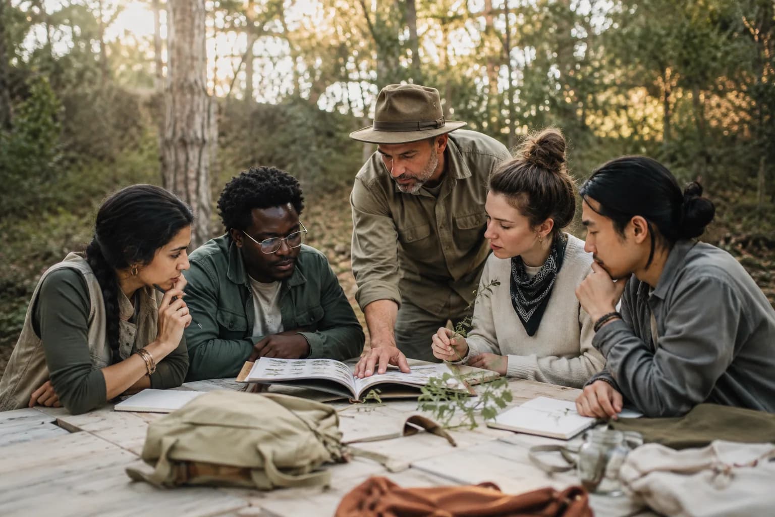 A guide and adult learners examining field notes together outdoors