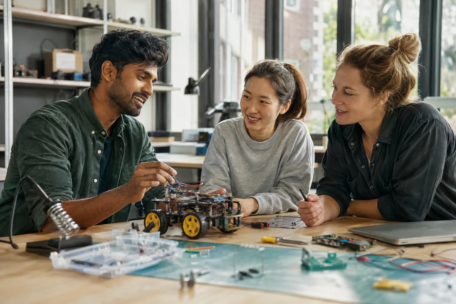 A diverse group building and testing a small robotics project